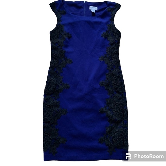 Carmen Marc Valvo Blue Cocktail Party Dress Black Lace Accents Size 4 - Picture 2 of 8